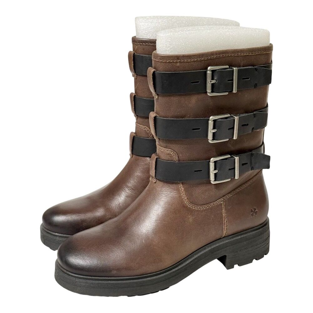 Lucky Brand Womens 6M Cheviss Brown Leather Zip Moto Ankle Boots Buckles NEW
